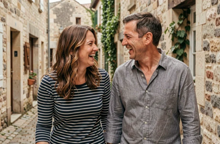 Couple complice se promenant dans un village français pittoresque, image illustrant la discrétion et l'amour dans la vie privée de Sophie Jovillard
