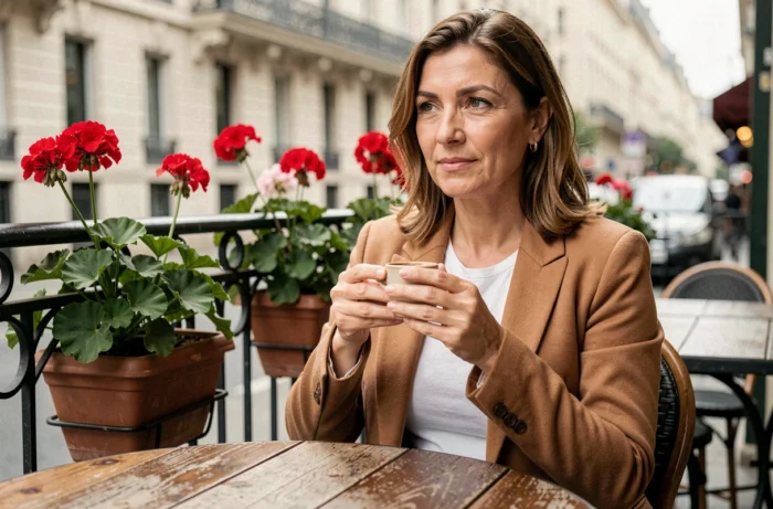 Femme élégante et pensive attablée en terrasse parisienne, portrait illustrant la personnalité discrète et attachante de Sophie Jovillard