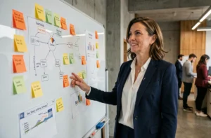 Femme d'affaires présentant une stratégie marketing sur un tableau blanc dans un bureau moderne