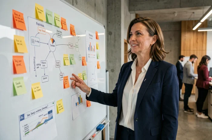 Femme d'affaires présentant une stratégie marketing sur un tableau blanc dans un bureau moderne
