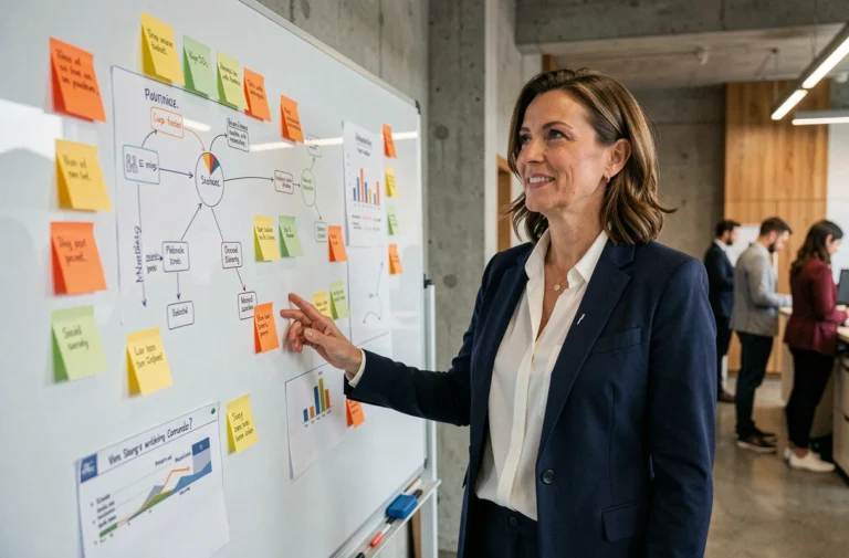 Femme d'affaires présentant une stratégie marketing sur un tableau blanc dans un bureau moderne