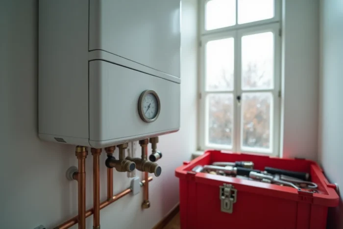 Gros plan sur le tableau de bord et le manomètre d'une chaudière à condensation dans un appartement bruxellois en hiver