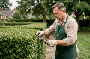 Jardinier professionnel taillant une haie de buis avec un sécateur dans un jardin soigné