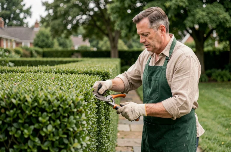 Jardinier professionnel taillant une haie de buis avec un sécateur dans un jardin soigné