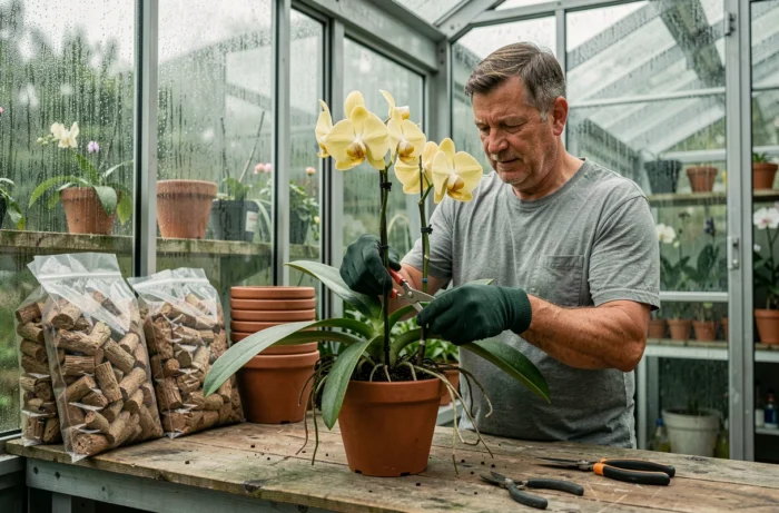 Jardinier avec gants qui taille une tige d'orchidée jaunissante sur un établi de rempotage dans une serre