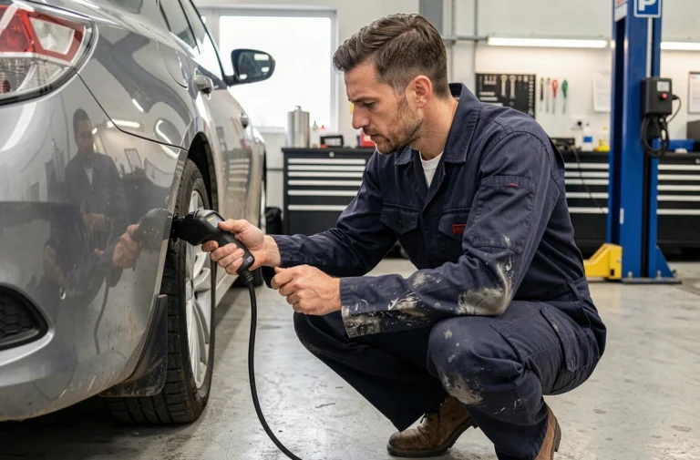 Technicien automobile connectant un scanner OBD-II sous le tableau de bord d'une voiture dans un garage professionnel