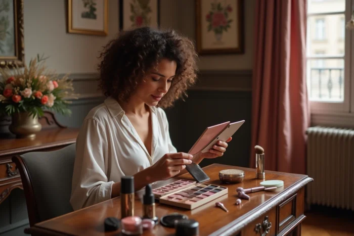 Femme mature explorant une palette de maquillage sur une coiffeuse vintage dans un appartement parisien chaleureux
