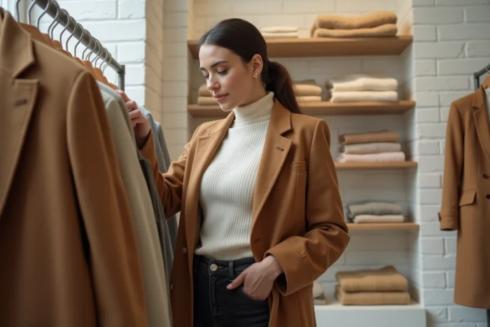 Femme élégante en manteau camel parcourant un portant de vêtements dans une boutique parisienne aux murs en brique blanche