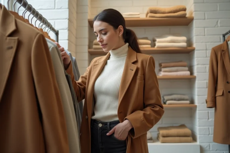Femme élégante en manteau camel parcourant un portant de vêtements dans une boutique parisienne aux murs en brique blanche