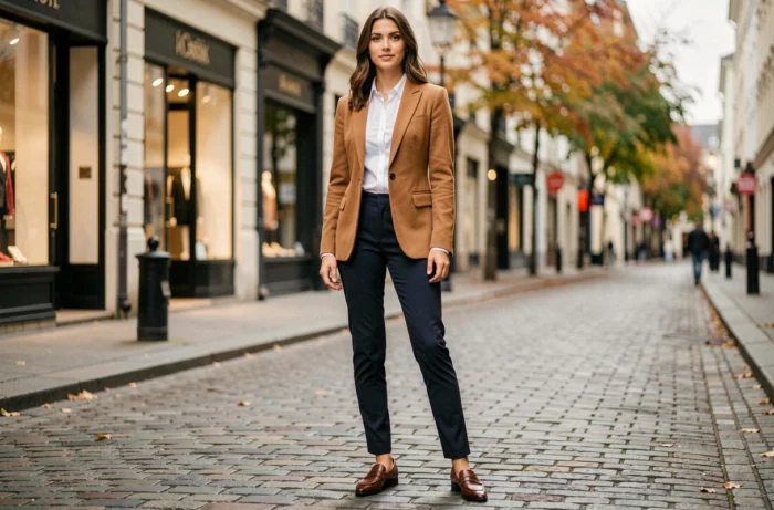 Femme élégante en blazer camel et pantalon ajusté dans une rue pavée européenne, tendances mode automne