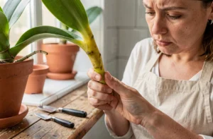 Main de femme tenant une tige d'orchidée qui jaunit près d'un rebord de fenêtre en cuisine avec des pots en terre cuite
