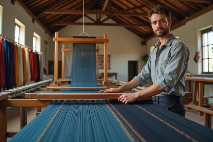 Jeune tisserand manœuvrant un métier à tisser en bois dans un atelier de tissage artisanal