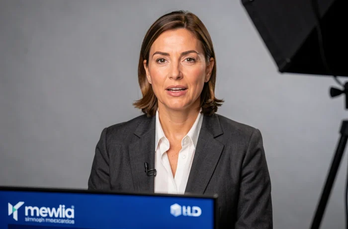 Femme d'affaires filmée dans un studio professionnel pour une vidéo de communication d'entreprise