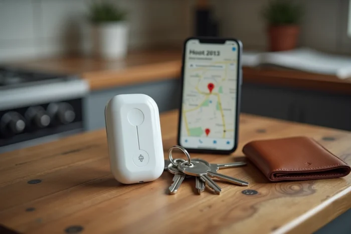 Traceur GPS Rabbit Finder posé sur une table en bois avec des clés et un portefeuille pour illustrer la localisation d'objets du quotidien