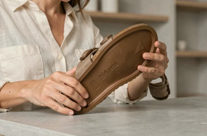 Femme inspectant la semelle d'une sandale Birkenstock pour vérifier l'authenticité de la marque