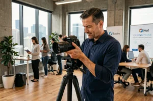 Vidéaste professionnel réglant sa caméra dans un bureau moderne pour une production vidéo d'entreprise
