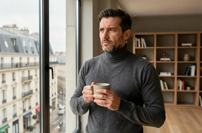 Homme discret en col roulé gris tenant une tasse de café près d'une fenêtre avec vue sur Paris, ambiance appartement contemporain intimiste