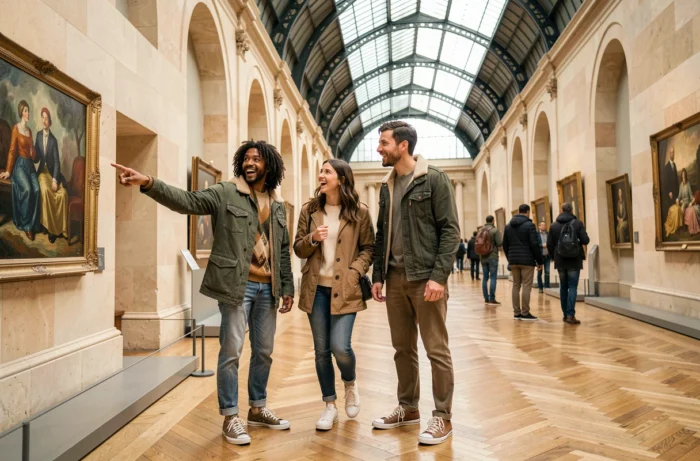 Groupe d'amis explorant les galeries impressionnistes du Musée d'Orsay à Paris dans une atmosphère authentique et animée
